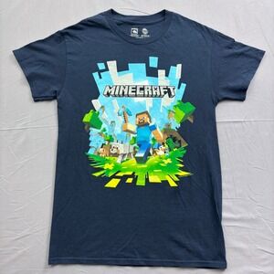 Minecraft Jinx Steve Wolf Creeper Graphic T-Shirt Mens Small Navy Blue Cotton